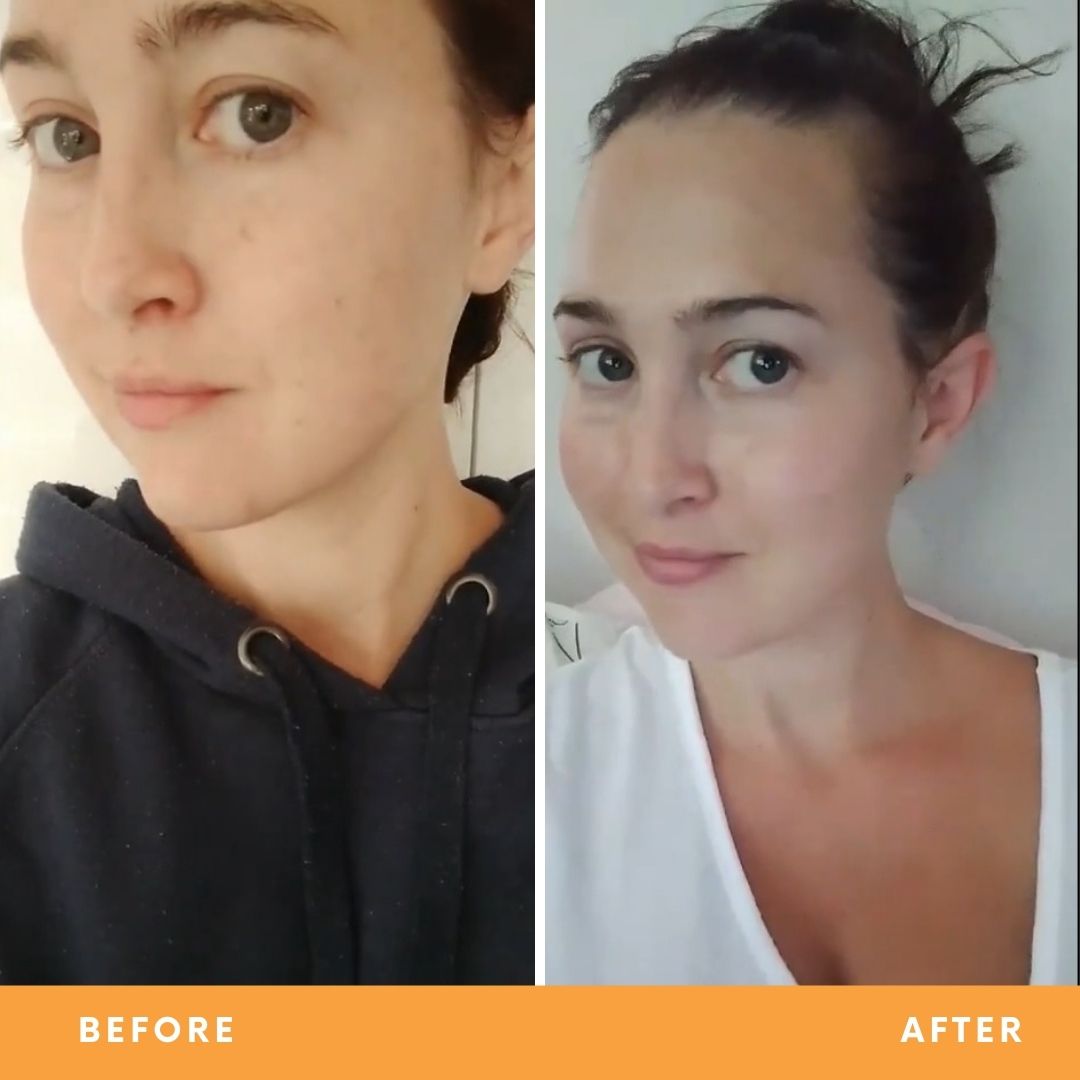 Christine&#39;s dull, tired skin results from using Be Fraiche skincare. Left (before) photo: photo of her face with dull, tired and dehydrated skin, right (after) photo: photo of her face with smoother, glowy, well-moisturised skin..